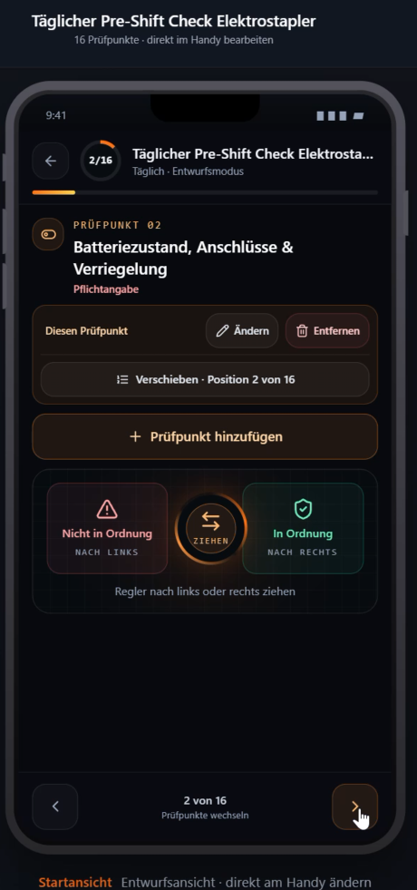 Frag KI Check: Originalansicht der mobilen Checklistenbearbeitung